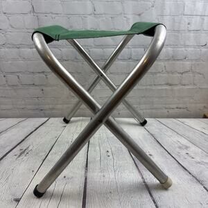 Vintage Folding Aluminum Camp Stool with Green Seat 16" Tall